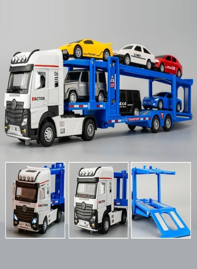 KING FORU Die-Cast Car Carrier Truck Toy Set with 6 Vehicles, Lights and Sounds, 36 cm Transport Trailer with Pull-Back Action - Image 2